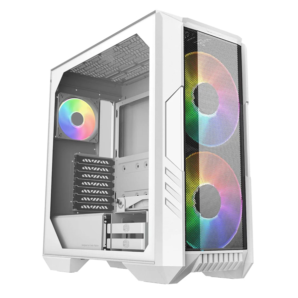 Cooler Master HAF 500 Mid-Tower PC Case, 2x 200mm Pre-Installed ARGB Fans for High-Volume Airflow, Rotatable 120mm GPU Fan, Versatile Cooling Options, Tempered Glass Side Panel, Removeable Top – White
