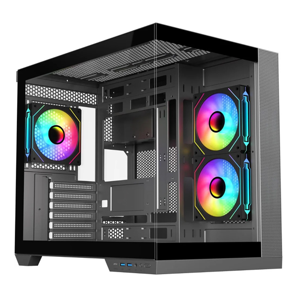 Sama Neview A721 Black Tempered Glass ATX Airflow Mid Tower Gaming Computer Case, Back-Plug Motherboard PC Case, 3 ×120mm ARGB Fans Pre-Installed