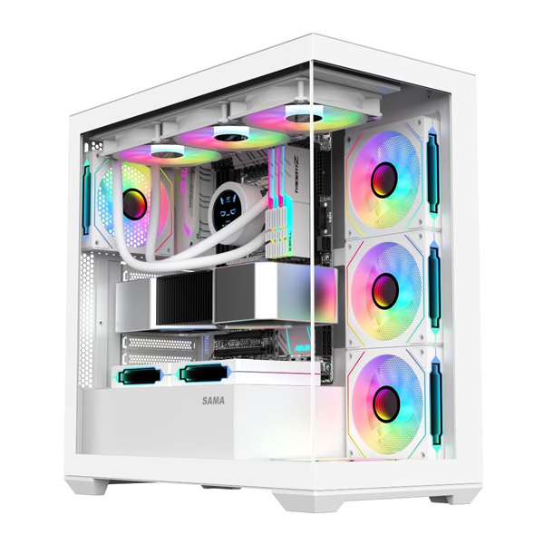 Sama Neview SV-01 PC Case ATX 4 ARGB Fans Pre-Installed, Type-C Mid Tower Computer Case with Full View Dual Tempered Glass, Gaming PC Case, White