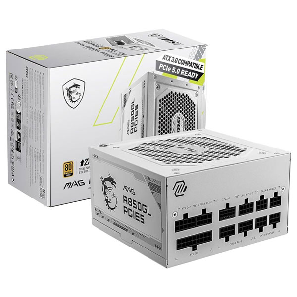 MSI MAG 850GL PCIE 5 White Gaming Power Supply, Full Modular, 80 Plus Gold Certified 850W, Compact Size, ATX PSU