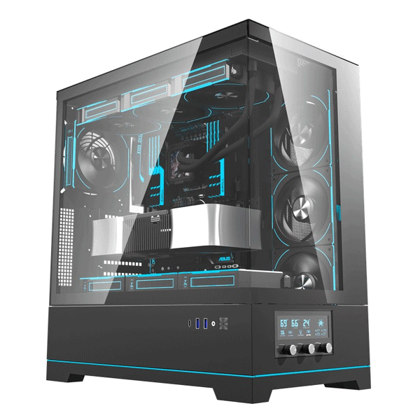 DarkFlash DY451 Pro Tempered Glass ATX PC Case, 2x USB 3.0, 1x Type-C, Four-Level Cooling System, Adjustable Fan Speed, Temperature Display, 1x Pre-Installed ARGB Fan Black