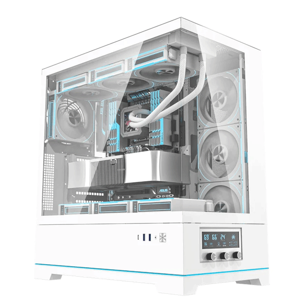 DarkFlash DY451 Pro Tempered Glass ATX PC Case, 2x USB 3.0, 1x Type-C, Four-Level Cooling System, Adjustable Fan Speed, Temperature Display, 1x Pre-Installed ARGB Fan White
